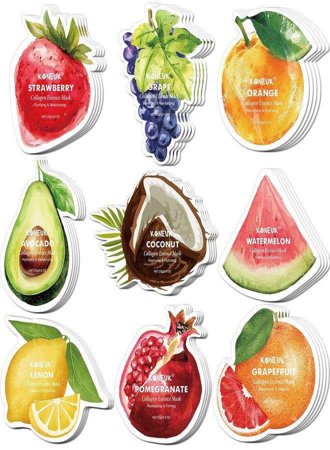 KONEUK 36 Pack Fruit Shaped Sheet Face Mask for Women, Collagen Hydrating and Moisturizing Face Masks Skincare for Dry Skin, Bulk Valentines Day Gifts, Spa Party Gifts and Mothers Day Gifts(9 Types x 4 Pcs) - Image 1